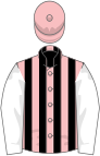 Pink and black stripes, white sleeves, pink cap