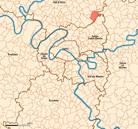 Location (in red) within Paris inner and outer suburbs