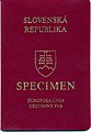 A versão não biométrica do passaporte eslovaco emitida entre 2005 e 2008. A foto foi impressa diretamente na página de dados. Este é apenas um exemplar.