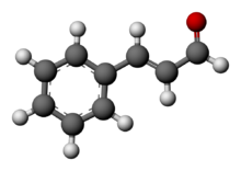 Ball-and-stick model of the cinnamaldehyde molecule