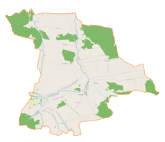 Mapa konturowa gminy Żarnowiec, blisko centrum na prawo znajduje się punkt z opisem „Łany Średnie”