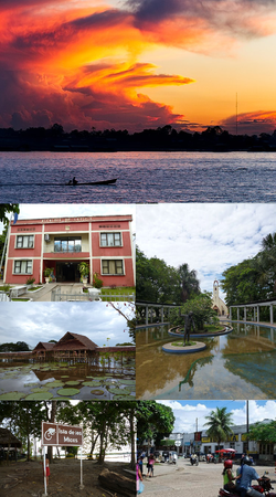 (Clockwise from the top): Sunset in the Amazonas River, Santander Park with the Cathedral of Leticia in the background, downtown Leticia (near the border between Colombia and Brazil), Los Micos River Island, Victoria Regia lotus garden, Leticia City Hall (Alcaldía de Leticia)