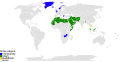 Pays ayant une religion d'État. Vert: islam. Bleu: christianisme. Jaune: bouddhisme.