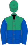 Emerald green and royal blue (halved horizontally) blue sleeves, emerald green cap