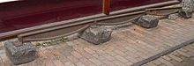 A line of cast-iron fishbelly rail sections, each a yard long, between stone block sleepers