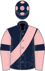 dark blue, pink sash, pink sleeves, dark blue armlets, dark blue cap with pink spots