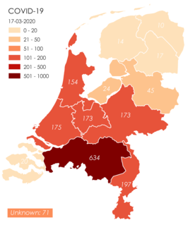 Provincies in Nederland waar het virus bij inwoners vastgesteld is (per 17 maart 2020)