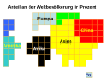 Bevölkerungsanteile ausgewählter Regionen der Erde, ein Kästchen entspricht einem Prozent der Weltbevölkerung; die Färbungen fassen ein als Einheit betrachtetes Gebiet zusammen (2005)