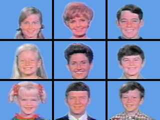 A 3 × 3 grid of squares with face shots of all nine starring characters of the television series: three blond girls in the left three squares, three brown-haired boys in the right three squares, and the middle three squares feature a blond motherly woman, a dark-haired woman, and a brown-haired man; all the faces are on blue backgrounds.