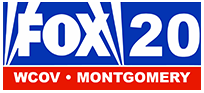 In blue, from top left: the Fox network logo and a numeral 20 in white. Beneath in white on red is the text "WCOV • Montgomery".