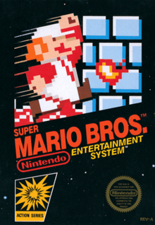 A black box with a pixelated image of Fire Mario jumping near a wall, about to fall below the lava.