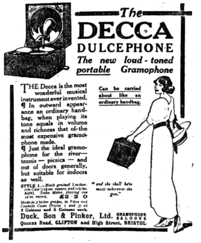 newspaper advertisement featuring a young woman in heels carrying a small portable gramophone with her left hand; a wide-brimmed summer hat hangs jauntily on her right arm.