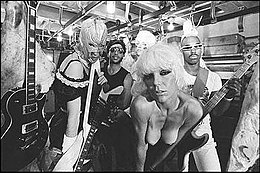 The Plasmatics filming a music video in New York City in 1980. From left to right: Richie Stotts, Stu Deutsch, Wes Beech, Wendy O. Williams and Jean Beauvoir.