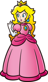 Artwork of Peach wearing a pink gown, white gloves and gold crown