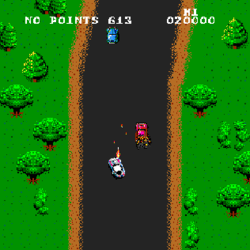 Screenshot of Spy Hunter: The player has shot an innocent civilian car and is penalized with no points for a short duration.