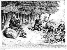 Famous among his caricatures of bible scenes are his depiction of Elisha watching two female bears mauling forty-two boys in 2 Kings 2:24.