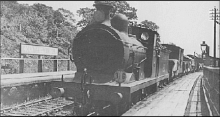 Photograph showing Mountfield Halt, with a northbound freight train passing through.