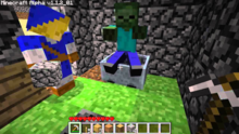 Two players looking at a zombie in a minecart in the video game Minecraft