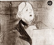 Drawing of head and torso of white man, clean-shaven, with longish light-coloured hair, holding a large menu or folio, in semi-profile