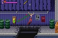 A screenshot of Buffy Summers climbing across metal bars in an urban setting.