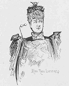 Drawing of middle-aged white woman, dressed severely, looking imperiously through a lorgnette