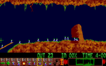 Lemmings building a bridge over a chasm and excavating a tunnel through a rock formation