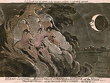 Three wigged heads, seen in profile, with crooked figures to their lips. They are looking at the smiling profile of the man in the moon.