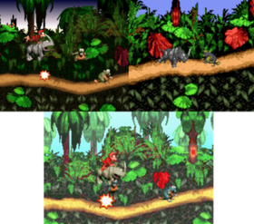 Diddy Kong rides a rhino, Rambi, and rams into a beaver enemy, Gnawty. The upper left screenshot shows the SNES version, the upper right shows the GBC version, and the bottom shows the GBA version.