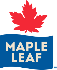 A curved red maple leaf above a curved blue banner that says "Maple Leaf".