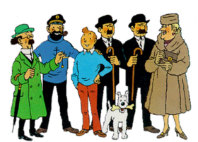 Tintin is standing in front of all of his friends