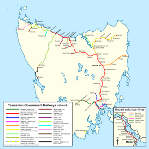 Map of the Tasmanian Government Railways, showing all lines operated between 1890 and 1978.