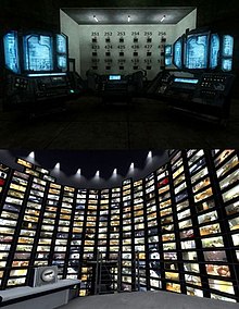 Two images stacked on top of each other. The top is a dimly lit, dark room with a few futuristic-looking computer monitors. In the background, there is a panel of square televisions with numbers above them. In the bottom image, the player is standing in a much brighter room, on a grey platform. Flat-screen televisions line the circular walls, each showing a different perspective of the office.