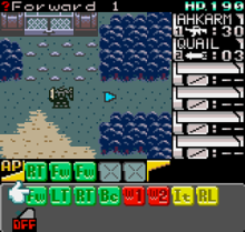 A top-down gameplay display, showing a sprite representing the player's mech moving across the level environment, with statistics displayed to the left and gameplay commands below.