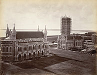 A file photo of University of Mumbai taken in the 1870s. Rajabai Clock Tower here seen shrouded in scaffolding was completed in 1878