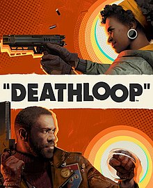 The word "Deathloop" is in the center spanning the width of the art. Above the word is a Black woman facing left holding a handgun. Below is a Black man facing right with a handgun in his right hand pointed upward while his left fist is held up at shoulder height.