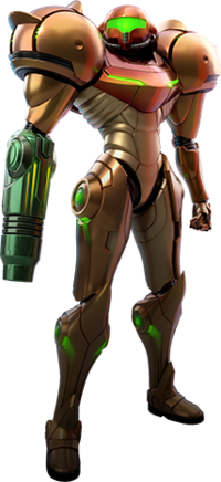 A person in a big, futuristic-looking powered suit with a helmet. The right arm is a large firearm. The shoulders are particularly large, bulky, and rounded.