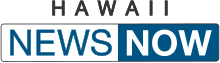 On top, the word "HAWAII" in black. Beneath, two adjoining boxes: the first is a white box with "NEWS" in blue, the second is a blue box with "NOW" bolded, in white. Both boxes have a thin blue border with slightly rounded edges.