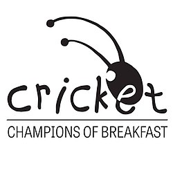 Black and white logo of a cricket's head and the text "Cricket" with "Champions of Breakfast" below.