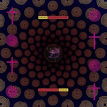 Yellow spirals emanate from a circle containing a figure in the center of the album art. On the left and right sides pink crosses and spirals alternate.