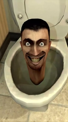 A computer render of a human head poking out of a toilet bowl, smiling.