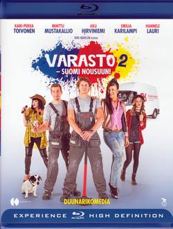 Varasto 2:n Blu-ray-julkaisun kansi. Vasemmalta Ritva (Lauri), Raninen (Hirviniemi), Antero (Toivonen), Karita (Mustakallio) ja Jessica (Karilampi).