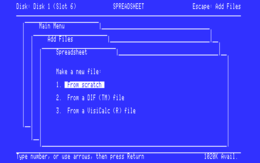 AppleWorks per Apple II, si noti il menu basato sul nuovo sistema semigrafico di linguette per navigare all'interno dei sottomenu