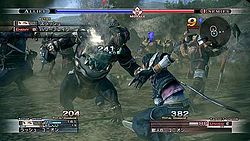 A group of people and monsters in light armor fight, with a black-haired young man facing away closest to the viewer. Gauges and boxes filled with text and numbers ring the perimeter of the image.